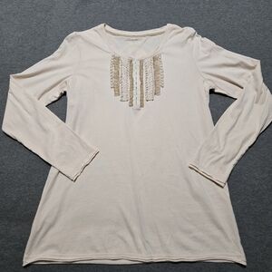 Eddie Bauer jersey Henley top L Tan hook Ruffle scoop neck long sleeve Tee